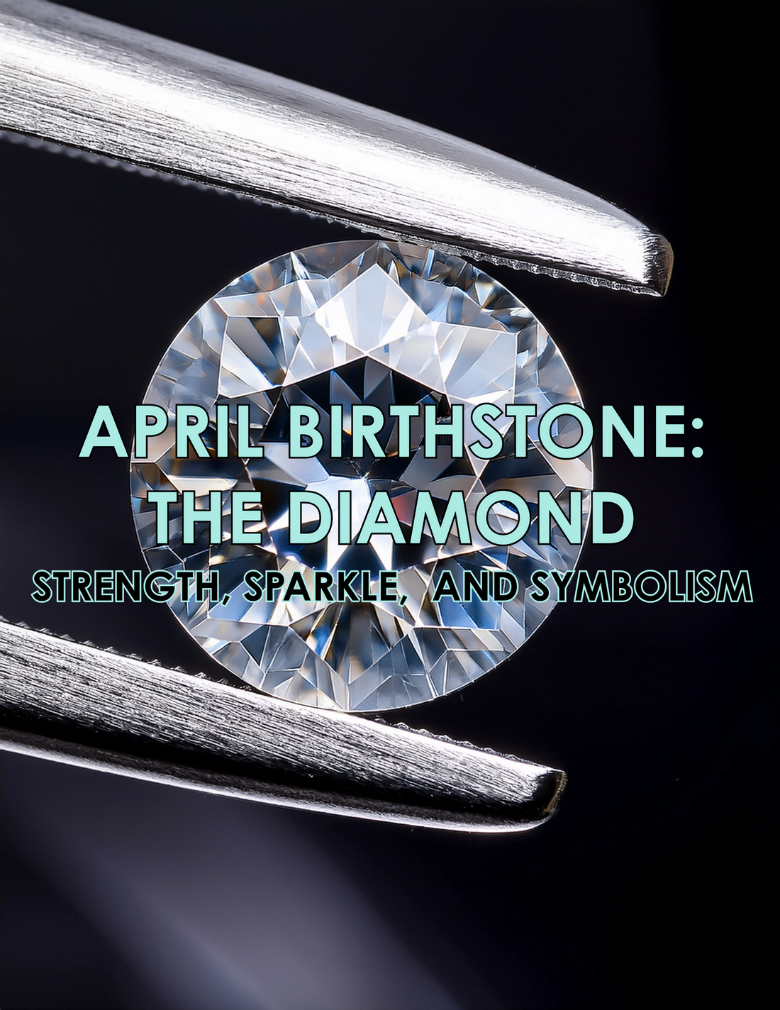 An image of a round brilliant diamond held by tweezers with the words "April Birthstone: The Diamond. Strength, Sparkle, and Symbolism