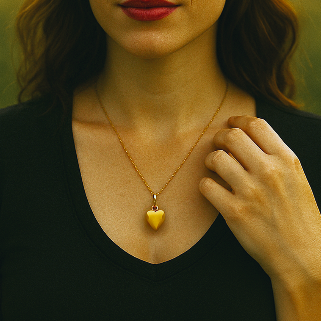 woman in a meadow at sunset wearing an Edwardian necklace with a black v neck tshirt. She has red lipstick on and her hair is dark and slightly wavy. there is an ethereal feel to the atmosphere.