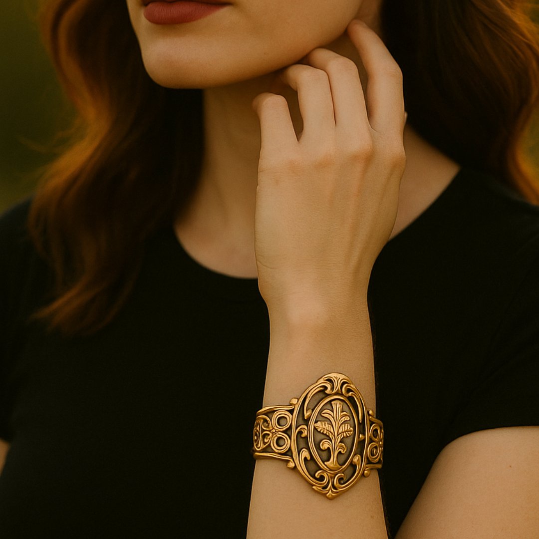Woman outdoors, setting sun behind her, she is holding her arm in a way to show off her antique bracelet.
