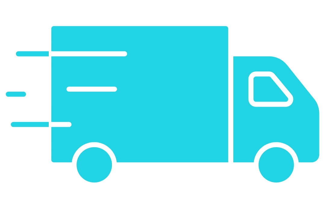 Icon image of a delivery truck, color is bringht aqua